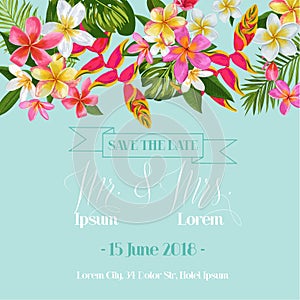 Wedding Invitation Template with Plumeria Flowers. Tropical Floral Save the Date Card. Exotic Flower Romantic Design