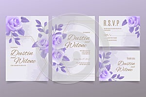 Wedding invitation template with purple roses and leaves