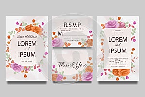 Wedding invitation template with roses orange and purple gradient and leaves
