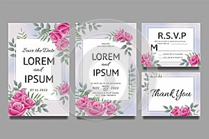 Wedding invitation template with roses pink gradient and leaves