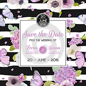 Wedding Invitation Template. Save the Date Card with Butterflies and Hydrangea Flowers. Greeting Floral Postcard