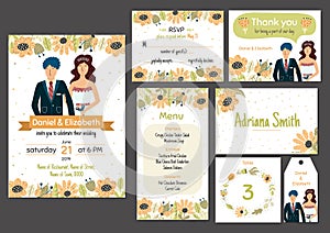 Wedding invitation template set with adorable bride and groom