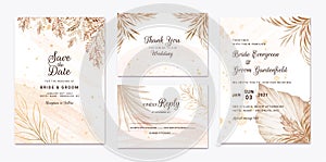 Wedding invitation template set with brown and peach dried floral and leaves decoration. Botanic card design concept