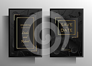 Wedding invitation template set. Elegant black design with hand drawn