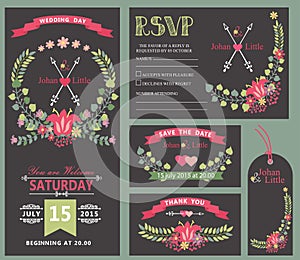 Wedding invitation template set.Floral wreath decor