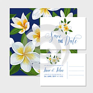 Wedding Invitation Template Set with Plumeria Flowers. Tropical Floral Save the Date Card. Exotic Flower Romantic Design