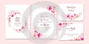 Wedding invitation template set with romantic floral frame and border. Roses and sakura flowers composition vector for save the