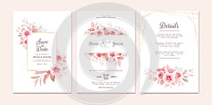 Wedding invitation template set with romantic floral frame and gold line. Roses and sakura flowers composition vector for save the