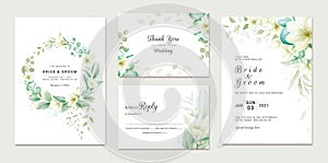 Wedding invitation template set with soft watercolor floral frame and border decoration. Botanic illustration for card composition