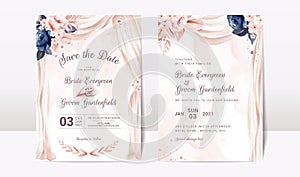 Wedding invitation template set with watercolor arch and floral roses and leaves decoration. Elegant card design concept