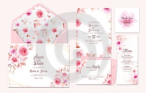 Wedding invitation template suite with floral border, pattern. Roses and sakura flowers composition for save the date, greeting,