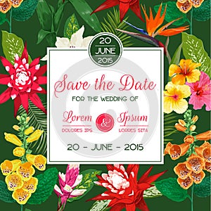 Wedding Invitation Template with Tiger Lily Flowers and Palm Leaves. Tropical Floral Save the Date Card. Exotic Flower