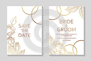 Wedding invitation templates with golden rings and roses on a white background