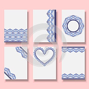 Wedding invitation templates. Set of Cover design with blue ornaments. Fashion Collection ethnic patterns style of national