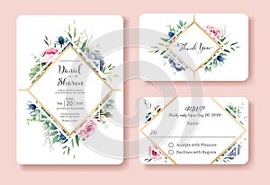 Wedding Invitation, thank you, rsvp card Design template. Queen of sweden rose flower, leaves, Succulent plants. vector.