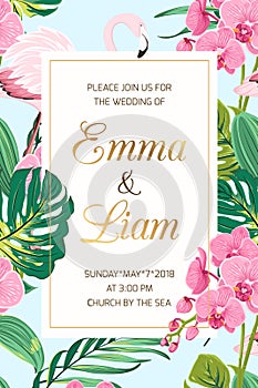 Wedding invitation tropical leaves orchid flamingo