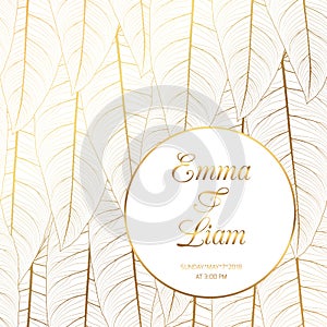 Wedding invitation tropical leaves shiny gold