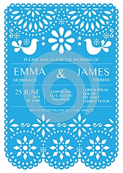 Wedding invitation vector card template - Mexican folk Papel Picado style