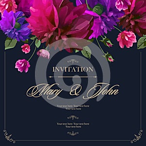 Wedding invitation vintage card with roses and antique decorative elements.