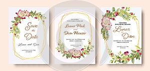 Wedding invitation vintage frame set Roses, cherry, leaves, watercolor, isolated