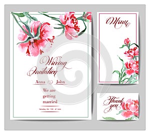 Wedding Invitation with a watercolor peonies. Card Use for Boarding Pass, invitations, thank you card. Vector.