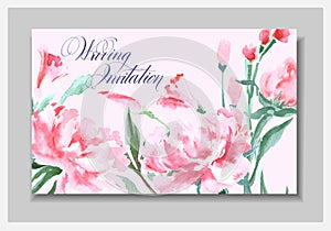 Wedding Invitation with a watercolor peonies. Card Use for Boarding Pass, invitations, thank you card. Vector.