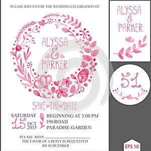 Wedding invitation.Watercolor pink floral wreath