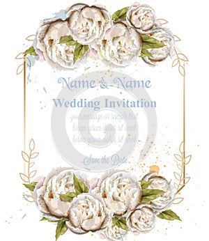 Wedding invitation watercolor white peonies card Vector. Beautiful floral decors
