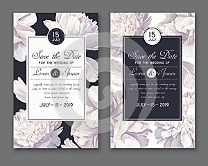 Wedding or party invitation template. Save the Date cards with white peonies flowers and leaves.