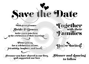 Wedding Invitation Wording. Vector Calligraphy with Swash and Two Hearts. photo