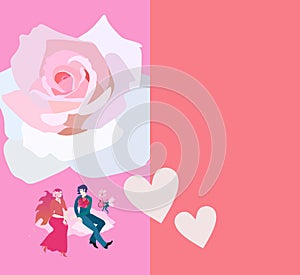 Wedding invitation with young happy couple flying on clouds and a huge white rose above them. Space for text