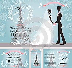 Wedding invitations.Bride,groom,snow,Paris Winter