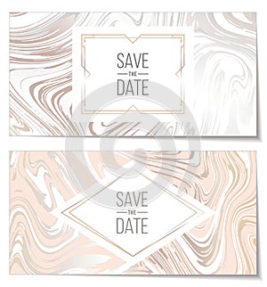 Wedding invitations with rose gold Marble paper texture imitation, suminagashi ink stains background photo