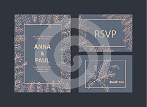 Wedding invitations templates set with floral leaf branches twigs