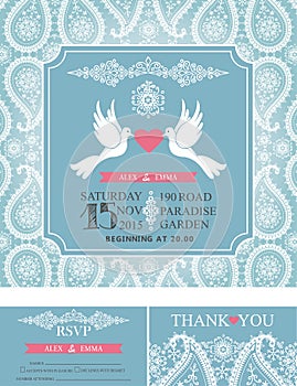Wedding invitations.Winter paisley pattern,pigeons