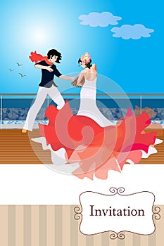 Wedding invitations with a young couple in love dancing flamenco aboard an ocean ship