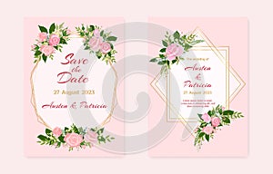 Wedding invite card, floral golden frame. Watercolor greeting design with pink roses, botanical elegant wreath, spring