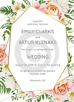 Wedding invite, invitation card floral design. Garden pink peach