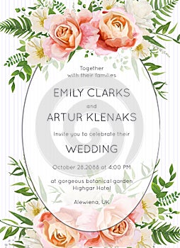 Wedding invite, invitation card floral design. Garden pink peach