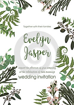 Wedding invite invitation card vector floral greenery design. Fern, eucalyptus, boxwood, botanical green, brunia. Decorative