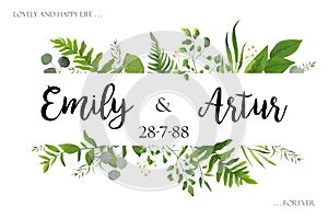 Wedding invite invitation card vector floral greenery design: Forest fern frond, Eucalyptus branch green leaves foliage herb