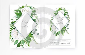 Wedding invite, invitation, floral save the date card. Vector ivory white powder peony Rose flower, Eucalyptus branch, greenery