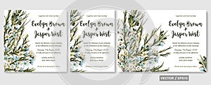 Wedding invite invitation menu card vector floral greenery design: chamaelaucium (waxflower) blue and white flowers pattern. photo