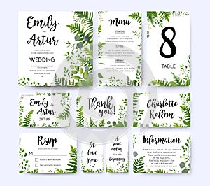 Wedding invite, invitation menu rsvp thank you card vector flora