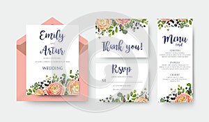 Wedding invite invitation menu thank you rsvp card vector floral