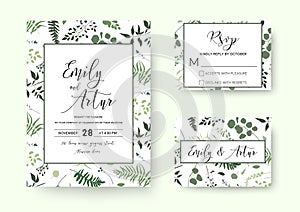 Wedding invite, invitation rsvp card vector floral greenery silhouette design: palm fern tree, foliage natural branches, green le photo