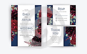 Wedding invite invitation, rsvp, thank you card floral color design. Red rose flowers, dahlias, eucalyptus silver dollar branches photo