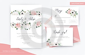 Wedding invite, invitation, rsvp, thank you card floral watercolor design. Elegant ivory white & blush peach garden peony Rose