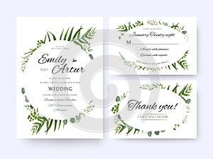 Wedding invite, invitation rsvp thank you card vector floral greenery design: Forest fern frond, palm leaf Eucalyptus branch