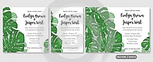 Wedding invite, invitation rsvp thank you card vector floral greenery design: tropical palm leaf philodendron, monstera branch gr